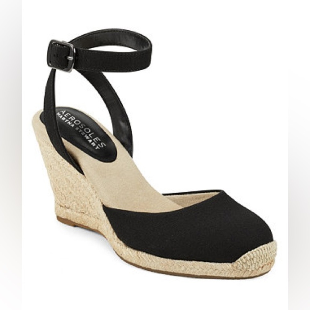 AEROSOLES Black and Cream Espadrille Wedge Sandals